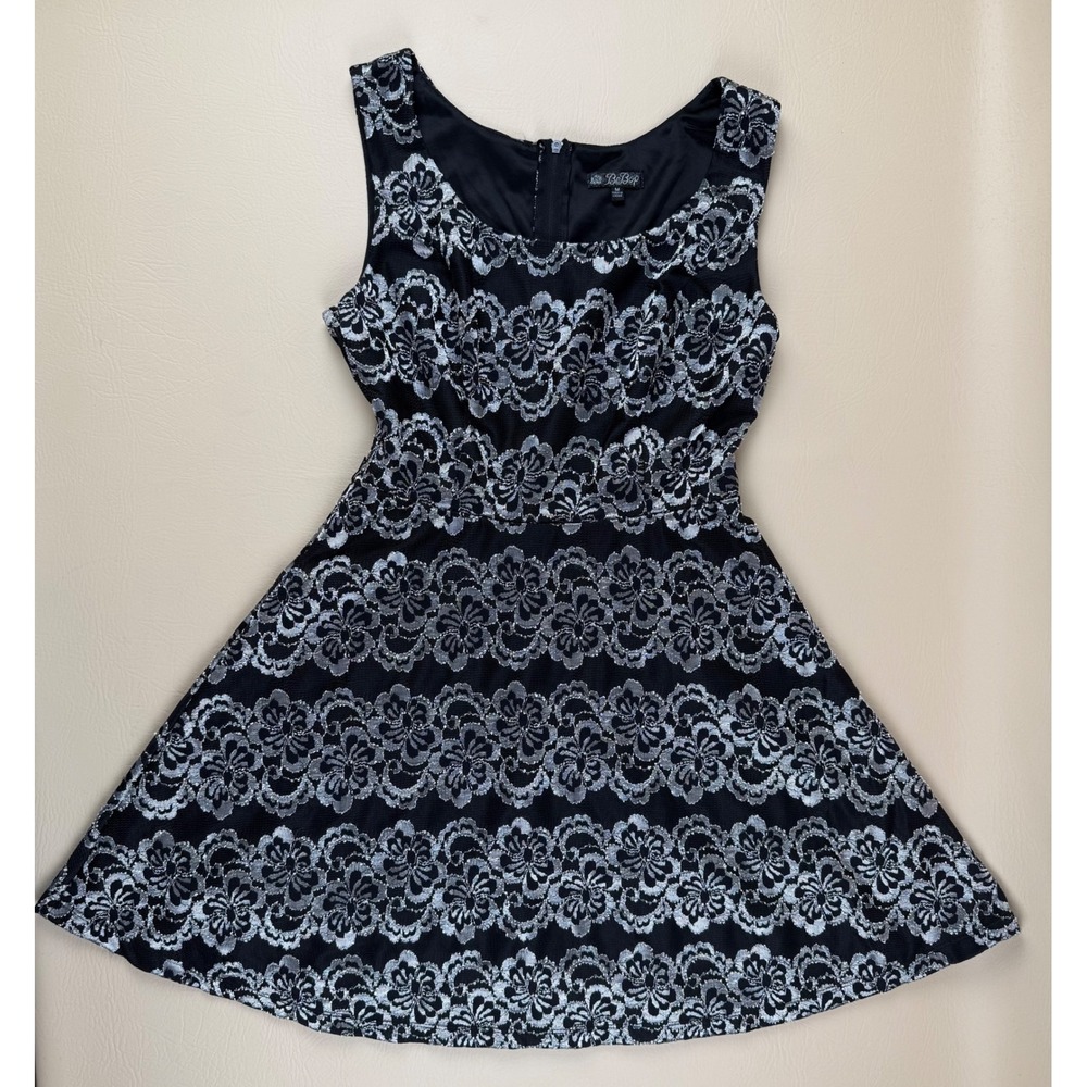 Silver Metallic Floral Lace Skater Dress Size Medium BeBop